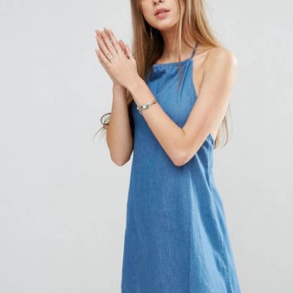 ASOS Denim Halter Neck Sundress in Mid Wash Blue